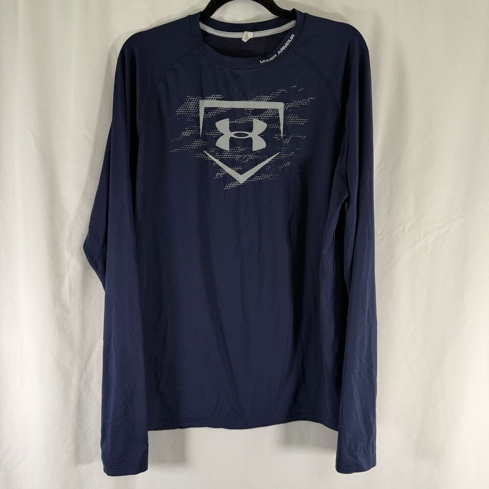 Under Armour Shirt Men's Large Blue Long Sleeve Breathable Crew Neck Baseball